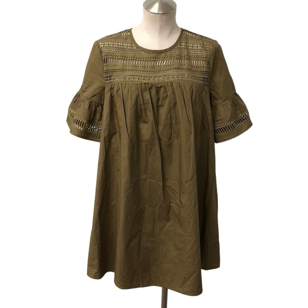 English Factory Dress Womens Small Olive Green Crochet Lace Bell Sleeve Boho